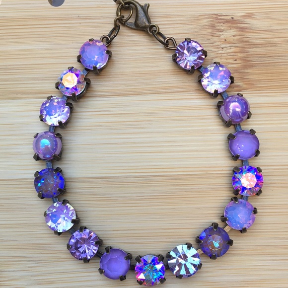 Amethyst, Violet, + iridescent Purple Opal Antique Brass Crystal Tennis Bracelet - Picture 14 of 17